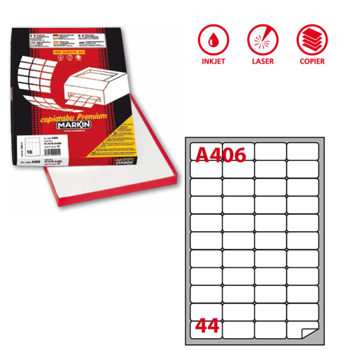 Etichette adesive A/406 - in carta - permanenti - 47,5 x 25,5 mm - 44 et/fg - 100 fogli - bianco - angoli tondi - Markin